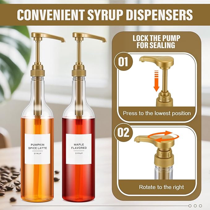 LemonRoad 2 Pack Coffee Syrup Dispenser for Coffee Bar 25.4 oz 750ml Plastic Syrup Dispenser Bottles with Bamboo Tray Pumps Scoop and Labels for Kitchen Bar Accessories