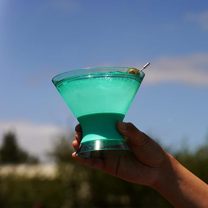 HOST Freeze Insulated Martini Cooling Cups, Plastic Freezer Gel Chiller Double Wall Stemless Cocktail Glass Set of 2 9oz, Tinted Aqua Blue, Green