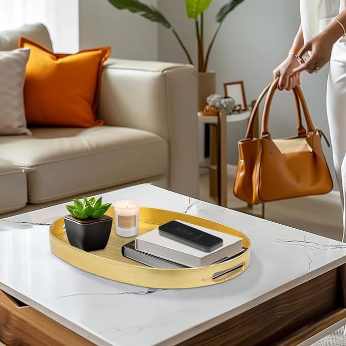 MAONAME Gold Decorative Tray with Handles, Foil Serving Tray for Ottoman, Oval Coffee Table Trays for Living Room, Bathroom, 15.6" L x 10.6" W x 1.4" H
