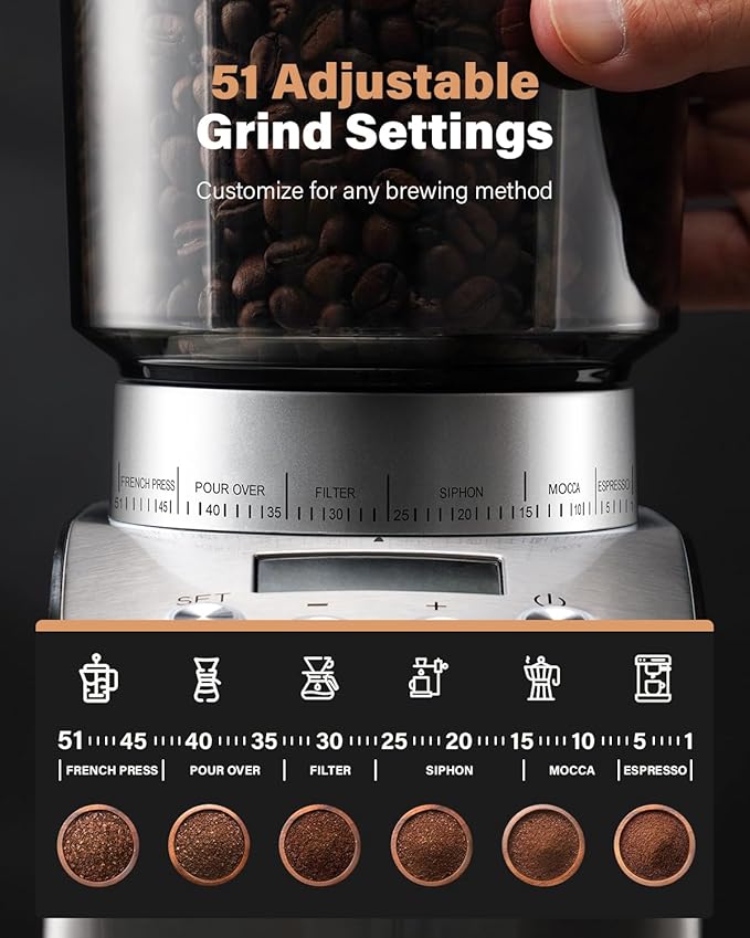 Conical Burr Coffee Grinder Electric, Espresso Grinder for Home Use, Burr Mill with 51 Grind Settings, Precision Electronic Timer, Stainless Steel Container