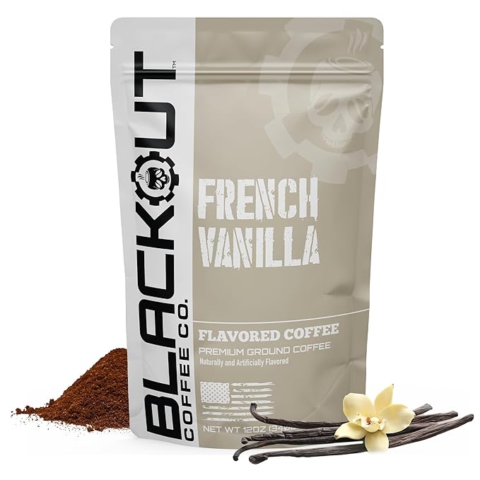 Blackout Coffee French Vanilla Flavored Ground Coffee – Smooth Taste, Guilt-Free Indulgence – Freshly Roasted 12oz Pouch