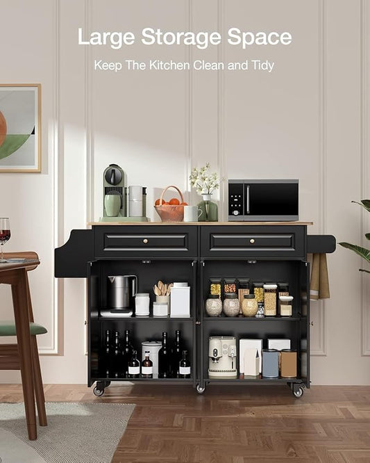 Kitchen Island with Storage, Kitchen Cart on 5 Universal Wheels, Mobile Kitchen Island with Rubber Wood Top and Side Rack (Black)
