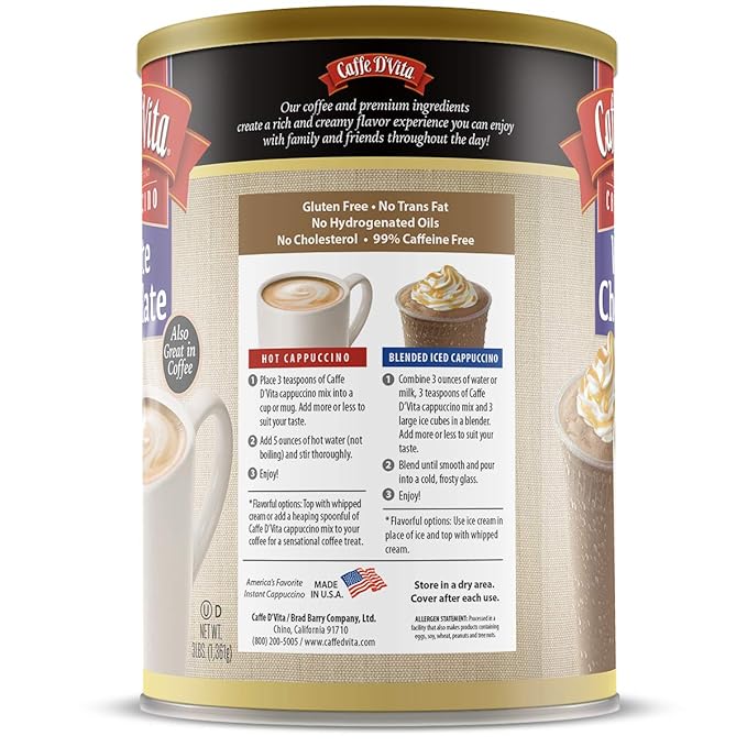 Caffe D'Vita White Chocolate Cappuccino Mix - White Chocolate Powder, Gluten Free, No Cholesterol, No Hydrogenated Oils, No Trans Fat, 99% Caffeine Free, Instant Cappuccino Mix - 3 Lb Can