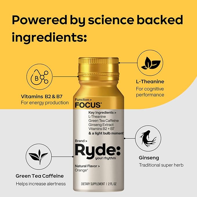 Ryde: Discovery Pack | Energize, Focus & Relax Shots | Green Tea Caffeine, Taurine, Ginseng, B Vitamins, L-Theanine, Lemon Balm, Chamomile | 0 Calories, 0 Sugar | Variety Pack – Try Them All (6 Pack)