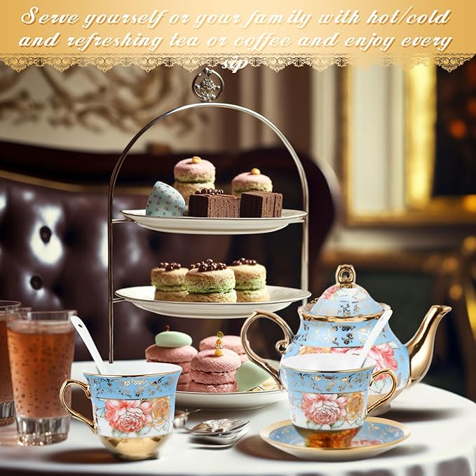 Zhehao 20 Pcs Porcelain Tea Set with Metal Holder and Spoon Adult Ceramic Tea Set European Flower Painting Teapot Cup Saucer Spoon for Women, Large Version (Simplicity Style)