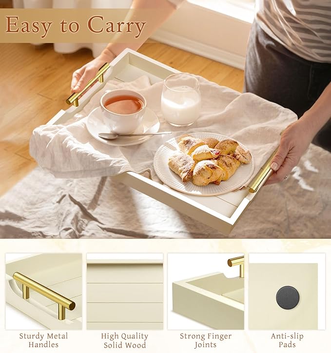 Ottoman Tray for Coffee Table & Couch, Large Wooden Serving Tray with 2 Set of Handles - Modern Farmhouse Rectangle Decorative Tray for Living Room Kitchen Includes 4 Coasters, Off-White/Cream