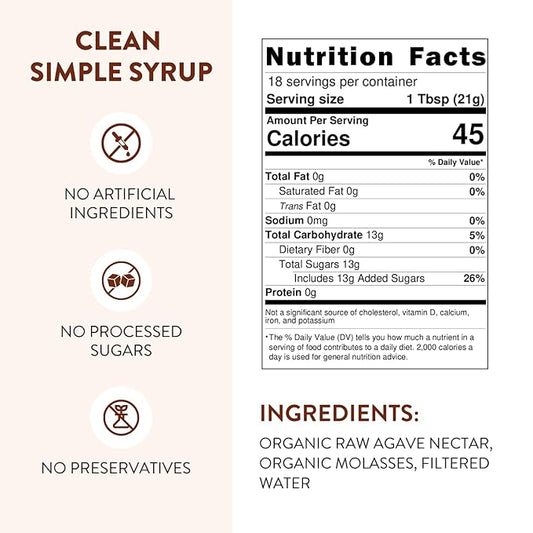 Brown Sugar Agave Simple Syrup for Coffee & Cocktails - Clean Simple Syrup Sweetened with Raw Agave Nectar and Molasses - 13.5 oz