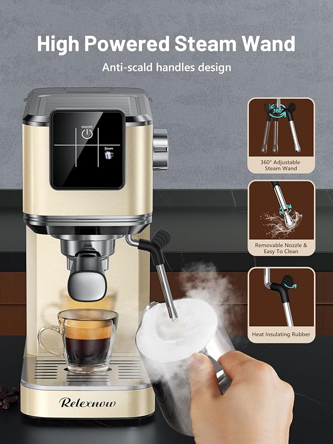 Espresso Machine, 20 Bar Espresso Maker Milk Frother & LCD Panel, Hot & Iced Coffee Machine, Stainless Steel Espresso Coffee Machine with 41oz Water Tank for Cappuccino, Latte