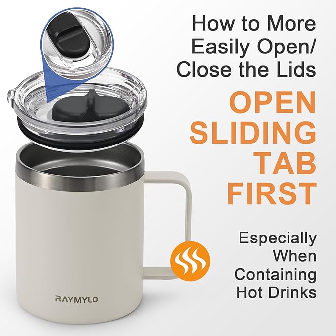 Insulated Coffee Mug 12 oz, Double Wall Stainless Steel Coffee Mug with Lids, Leak-Proof & Detachable Slider Lid for Thorough Clean, Keeps Coffee Cold for 9 Hrs, Suitable for Camp Home Office