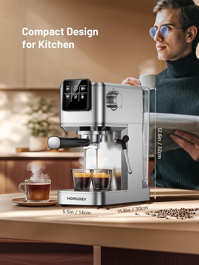 Espresso Machine 20 Bar Coffe Maker with Rapid Cold Brew, Compact Espresso Maker for Hot and Cold Cappuccino, Latte, Stainless Steel Coffee Machines with 1200ml Removable Water Tank