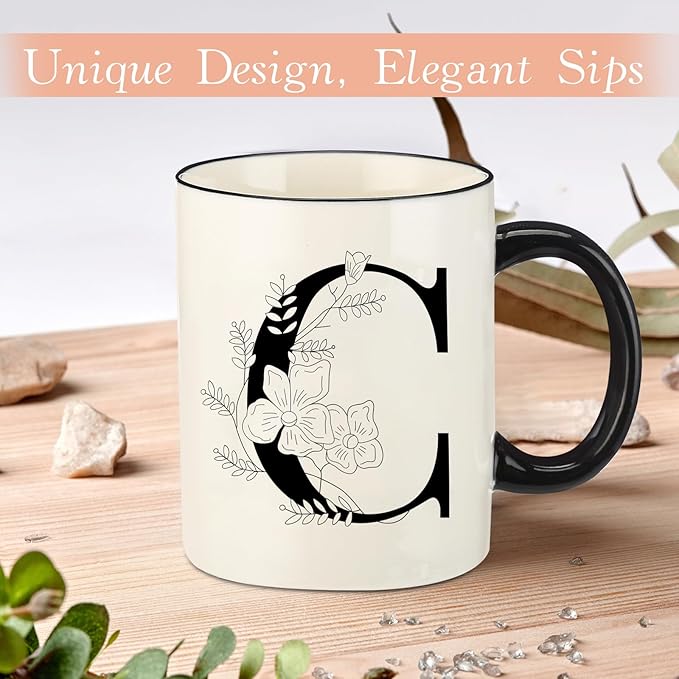 Monogram Ceramic Coffee Mugs, 11 oz Initial Drinking Cup with Gift Box, Unique Birthday Valentines Day Gifts for Women Wife Mothers Day Grandma Mom Aunt, C