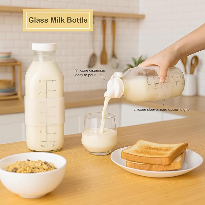 32 oz Reusable Glass Milk Bottles with Leak Proof Lid and Pour Dispenser, 1 Liter Juice Bottles with Scale, Glass Pitchers with Sleeve, Milk Storage Containers for Fridge [2 Pack]