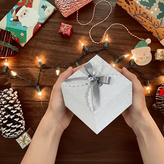 Silver Glitter Gift Boxes, 10 PCS Small Gift Box with Lids Bulk for Wedding, Party, Birthday, Valentine's Day and More, 4.75” x 4.75” x 3.53” Fancy Present Box for Gift Giving