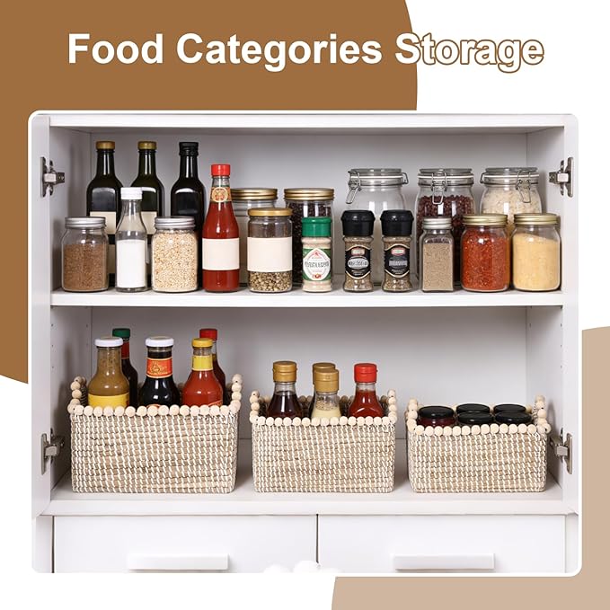 Set of 3 Seagrass Woven Storage Basket with Handles, Natural Wooden Bead Decoration for Blankets Toys Clothes Shoes Organizer, Cube Bins for Shelves Living Room Bedroom Nursery Home Decor