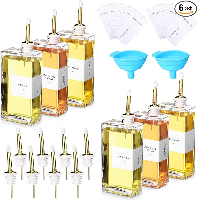 6 Sets Olive Oil Dispenser Bottles for Kitchen with Nozzles Funnel Labels Cooking Oil Dispenser 500ml Set for Kitchen Vinegar Coffee Syrup (Gold)