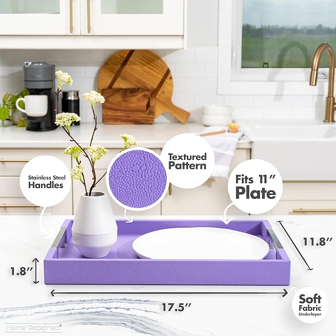 Modern Elegant 17.5"x12" Rectangle Purple Lavender Shagreen Faux Leather Decorative Tray Ottoman Coffee Table Perfume Living Room Kitchen Serving Tray with Silver Metal Handles by Home Redefined