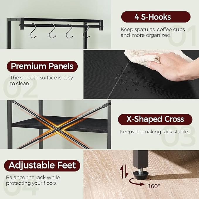 Bakers Rack with Drawer, Microwave Stand with Power Outlet, Coffee Bar Station with 4 Hooks, Kitchen Storage Shelf Rack 4 Tiers, for Kitchen, Dining Room, Black BRBK48E01