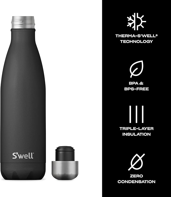 S’well Stainless Steel 17oz Water Bottle, Onyx Black, Triple-Layer Vacuum Insulated for 36 Hours Cold, 18 Hours Hot, BPA-Free, Durable and Portable