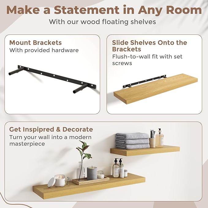 Floating Shelves for Wall with Invisible Brackets, Wall Mounted Engineered Wood Shelves with Wood Grain for Living Room, Bedroom, Bathroom, Kitchen Decor and Storage, Oak, 24"L Set of 2, Oak