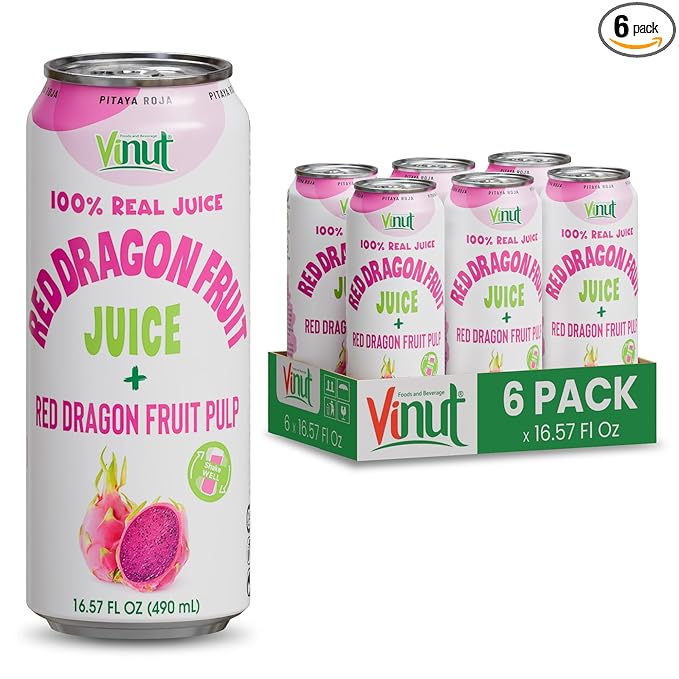 VINUT 100% Red Dragon Fruit Juice with Pulp (Pitaya), No Added Sugar, Not From Concentrate, 16.57 fl oz (490 mL) Can, Pack of 6