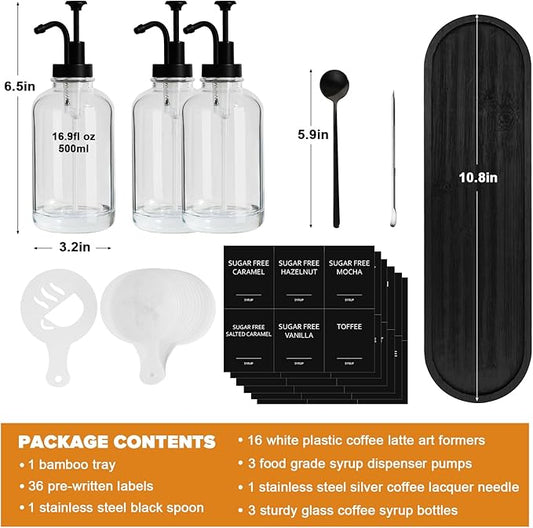 Syrup Dispenser for Coffee Bar, Glass Syrup Dispenser with Pump, 16.9 fl oz Honey Bottles, Labels, Spoons, Coffee Art Pen, 3 Pack