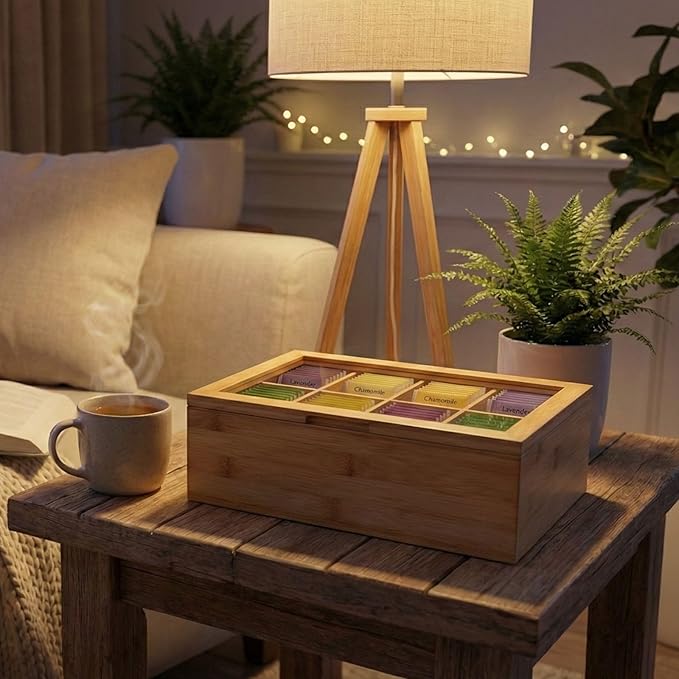 Acacia Wood and Bamboo Tea Bag Organizer - 4 & 8 Compartment Tea Box for Countertop - Tea Station & Coffee Bar Accessories - Fits Large & Craft Tea Bags (Wood, 8 Compartment)