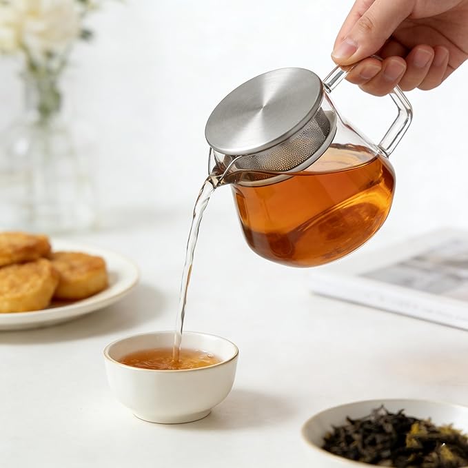 CNGLASS Small Glass Teapot with Stainless Steel Filter Lid,15oz(450ml) Glear Tea Kettle Stovetop Safe,Borosilicate Glass Tea Pots for Blooming and Loose Leaf Tea