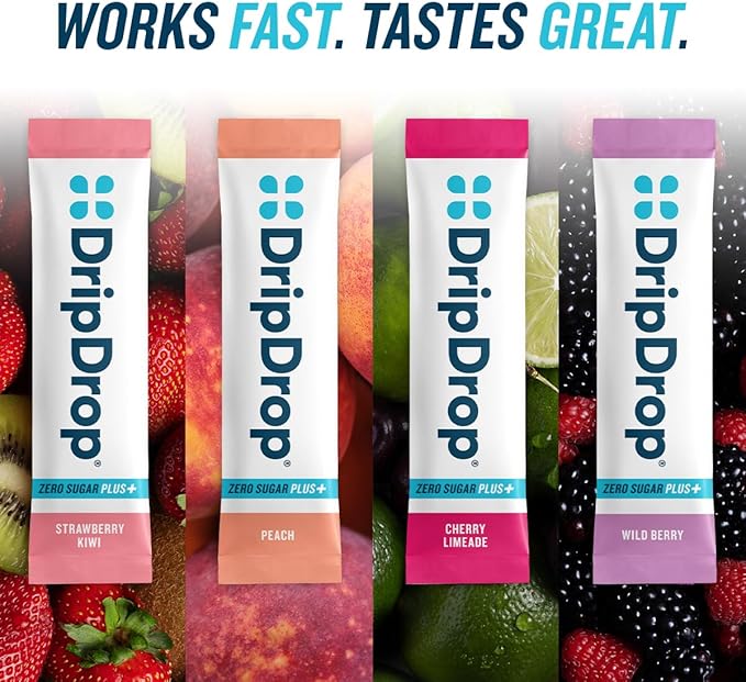 DripDrop Zero Sugar Plus - Sugar Free Hydration Packets - Single Serve Electrolytes Powder Drink Mix - Strawberry Kiwi, Peach, Cherry Limeade, Wild Berry - Non-GMO, Gluten Free, Vegan - 8 Sticks