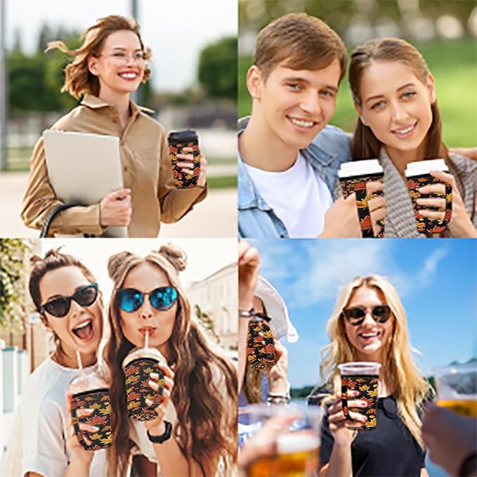 Reusable Iced Coffee Sleeve with Handle, Fall Autumn Maple Leaves Pattern Neoprene Cup Sleeve Insulator Cup Holder for Cold Drinks Beverages 16oz - 18oz