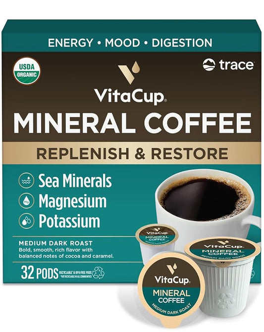 VitaCup Mineral Coffee Pods with Trace Minerals, Hydrate, Replenish & Restore, Sea Minerals, Electrolytes, Organic Coffee, Medium Dark Roast, Single Serve Pod Compatible with Keurig K-Cup Brewers,32Ct