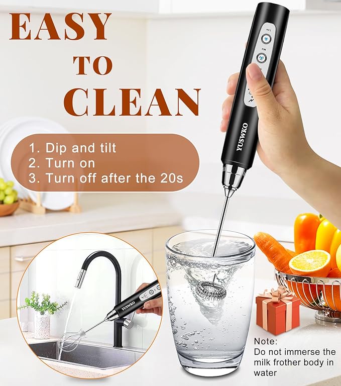YUSWKO Milk Frother Handheld for Coffee with Stand, Rechargeable Drink Mixer with 3 Heads 3 Speeds Electric Coffee Frother Whisk, Gift for Many Occasions and Festival