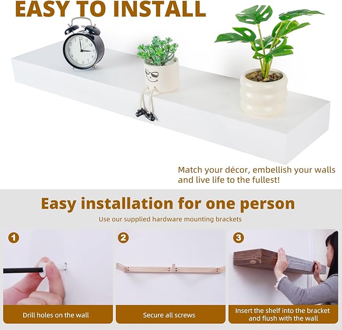 Floating Shelves 3 inch Thick for Wall Set of 2,Solid Pine Wood Wall Mount Shelf for Kitchen Living Room Bedroom Bathroom,8" D x 24" L x 3" H-White