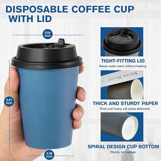 LITOPAK 100 Pack 12 oz Disposable Paper Coffee Cups with Lids for Coffee, Water, Juice, or Tea, Blue and Gray Hot Paper Cups for Home, Restaurant, Store, and Cafe