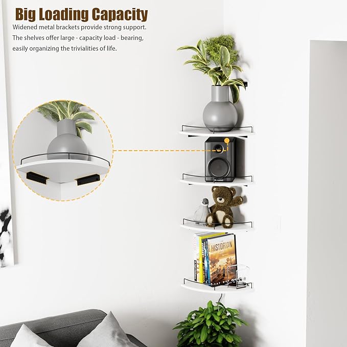 Corner Shelf Wall Mount, Floating Corner Shelves, Set of 4 Corner Wall Shelf Organizer,Rustic Wood Wall Storage Display Shelves forLiving Room Bedroom Bathroom Kitchen,White