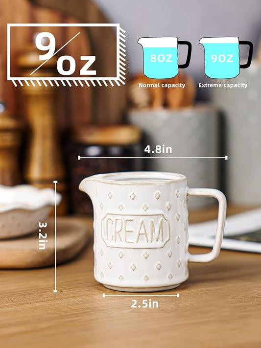 9 OZ Creamer Pitcher, Ceramic Creamer with Handle, Small Milk Pitcher Cup for Coffee, Sauces, Salad, Microwave & Dishwasher Safe (Vintage White)