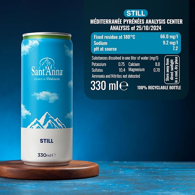 Sant'Anna Still Mineral Water, 11.16 Fl Oz (24-Pack) | Pure French Pyrenees Mountain-Fresh Drinking Water | Natural Functional Drink | Sodium-Free Mineral in Cans