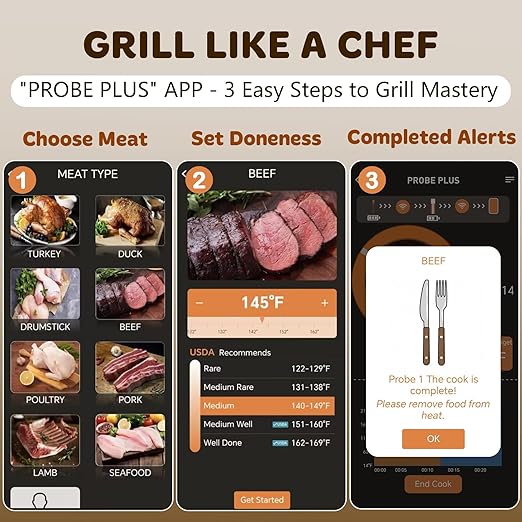 Real-Time Alerts Wireless Meat Thermometer - Smart Bluetooth Probe for BBQ, Grill, Oven, Smoker - Long Range Bluetooth, Accuracy Temp, Dishwasher Clean, Waterproof - Perfect for BBQ Lovers & Chefs