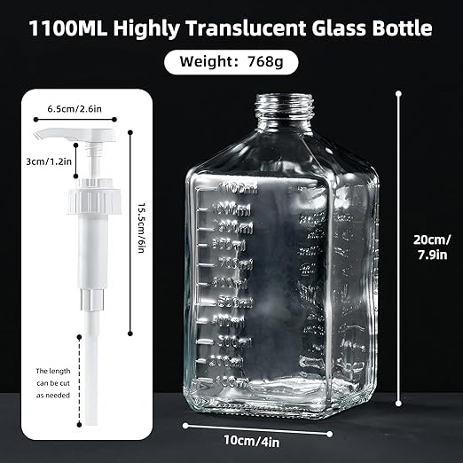 Large Capacity Syrup Dispenser for Coffee Bar, 37oz 1100ml Glass Syrup Bottle w Measuring Cup and Funnel, Dispenser Bottle w Upgraded Pump