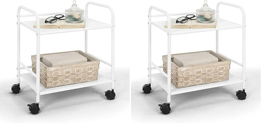 SunnyPoint 2-Tier Metal Rolling Utility Cart – Mobile Storage Shelf with Caster Wheels – Small Space Organizer for Home, Office, Bedroom, Kitchen (WHT) (Pack of 2)