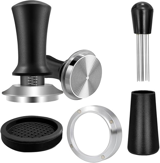 51mm Espresso Accessories Kit, Coffee Espresso Tamper Set, Spring-loaded Tamper, WDT Tool, Dosing Funnel and Silicone Gel Coffee Tamper Mat for Espresso Coffee Machines and 51 mm Portafilters