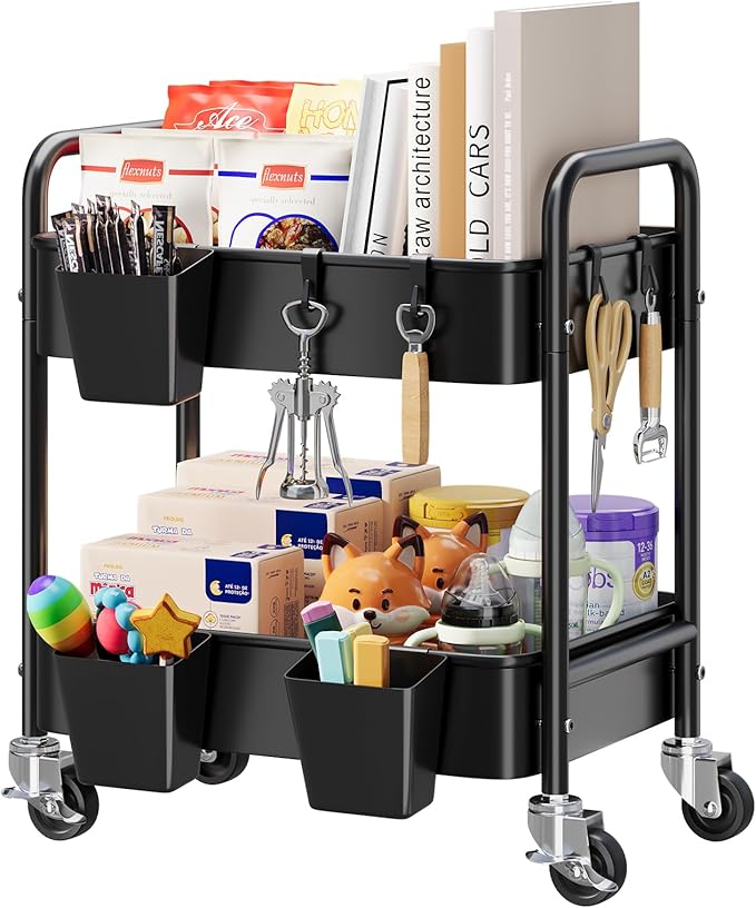 2 Tier Small Rolling Metal Cart with Wheels, Black Under Desk Storage Cart on Wheels, Short Utility Roller Carts Organizer for Pantry, Bathroom,Kitchen,Office, Two Tiered Mobile Storage Shelf Trolley