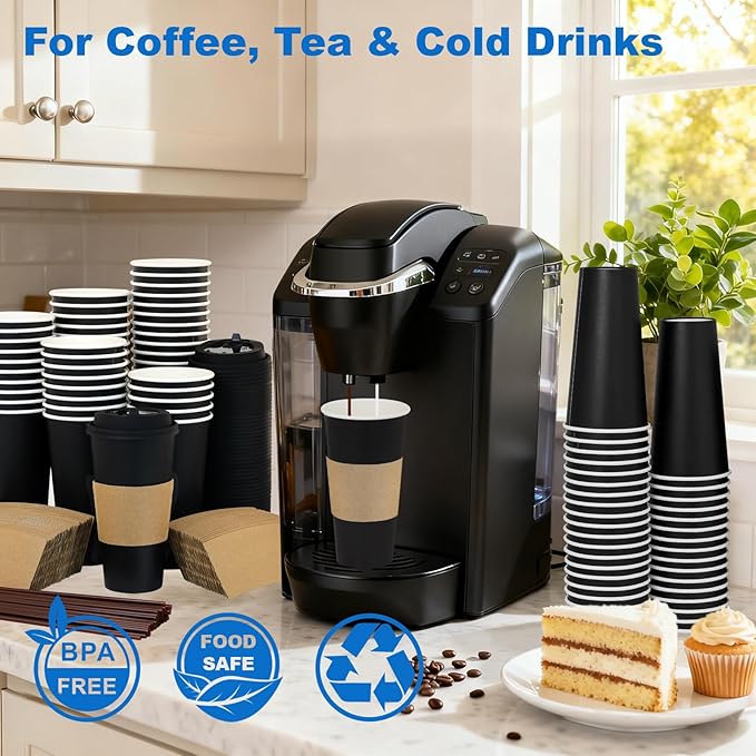 Coolcap 20 oz 50 Pack Coffee Cups with Lids and Sleeves, Straws, Hot Disposable To Go Travel Paper Cups Bulk for Office, Home Coffee Bar Accessories, Chocolate, Cocoa, Beverage (Black)