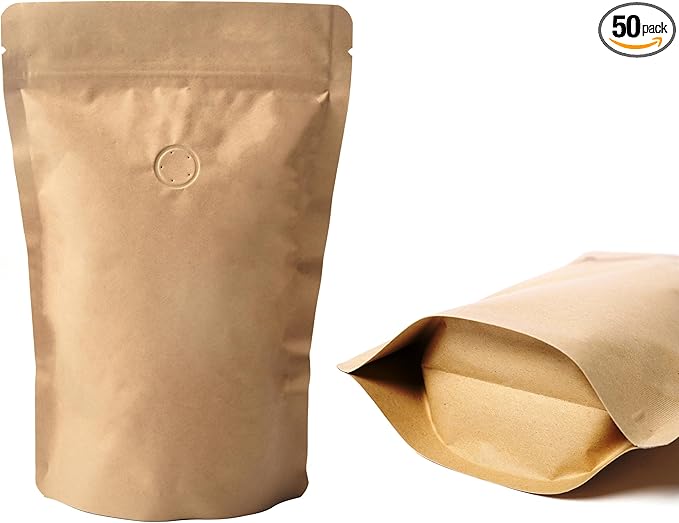 16 Ounce 50 Pieces Coffee Bags with Ziplock - High Barrier Natural Kraft Paper Stand up Coffee Pouches with Air Release/One Way Degassing Valve & Reusable Zipper (50, 16oz/1lb/500gm)