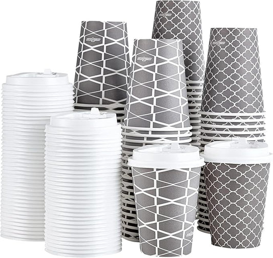 JOLLY PARTY Disposable Coffee Cups with Lids -12 oz (100 Sets) To Go Cups, Paper Coffee Cups for Beverages Espresso Tea, Suitable for Cafes, Offices and Home