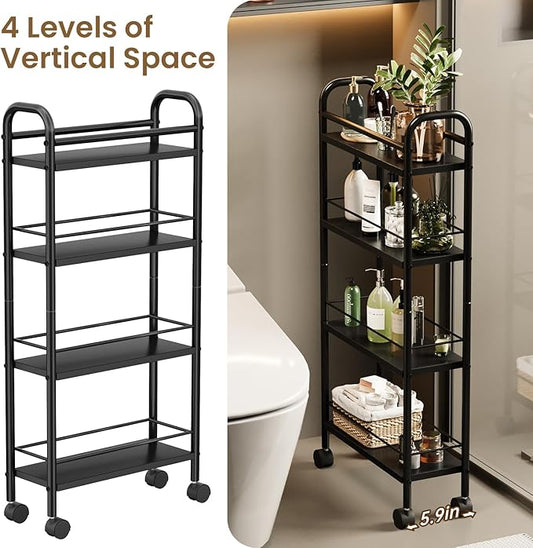 Slim Storage Cart, 4-Tier Small Rolling Cart with Wheels, 5.9" Deep, Narrow Bathroom Shelf Trolley for Kitchen, Bathroom, Laundry Room, Black Standard 4-Tier (5.9" W x 33.6" H)