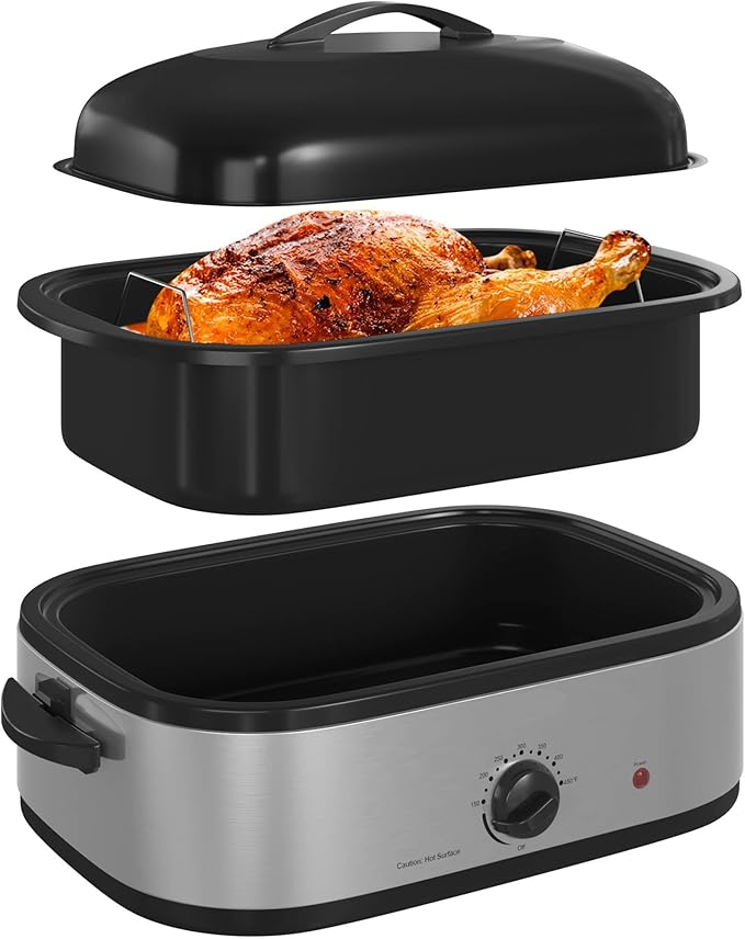 14 Quart Electric Roaster Oven, Turkey Roaster Oven with Self-Basting Lid, Stainless Steel Roaster Pan, Silver