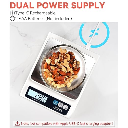 BOMATA 0.1g/ 13lb Food Scale, USB Rechargeable, Digital Kitchen Scale with Removable Stainless Steel Pan, Backlit LCD Display, for Cooking, Baking B621 White