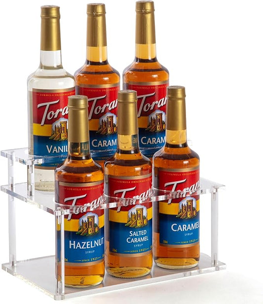ODPEOZT Acrylic Coffee Syrup Organizer, 2 Tier Coffee Syrup Rack (6 Bottle Capacity), Syrup Bottle Holder Stand for Coffee Bar, Kitchen Countertop Syrups, Condiments and Wine (Transparent)