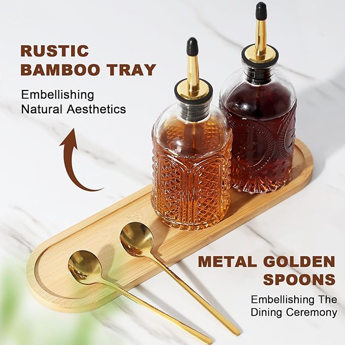 Coffee Syrup Dispenser for Coffee Bar, 4 Pack Glass Syrup Dispensers Bottles with Bamboo Tray, 7 Fl Oz Small Maple Syrup Container with Golden Spoon, Vintage Oil Dispenser for Kitchen