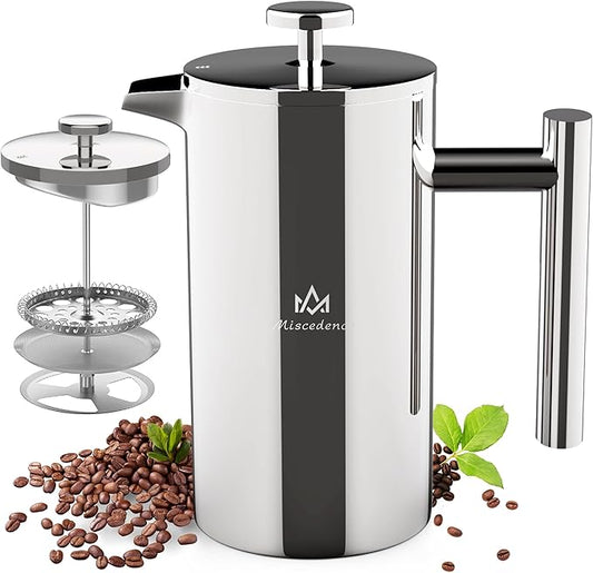 Miscedence French Press Coffee Maker,Double Wall Vacuum Insulated 304 Stainless Steel coffee press for Home, Camping and Office